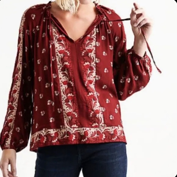 LUCKY BRAND Maroon Bishop Sleeve Peasant Top Boho Size XS NWT - Picture 7 of 10